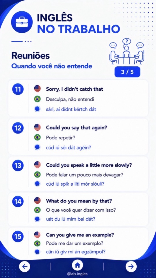 Página do guia: Reuniões, quando você não entende, com 5 frases em inglês, tradução e pronúncia